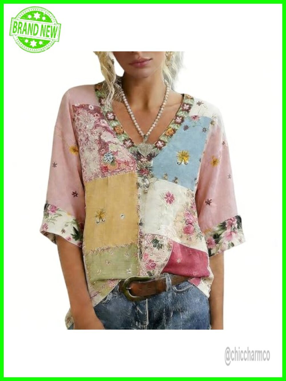 Floral Embroidery Short Sleeve Boho Peasant Blouse 100% Cotton